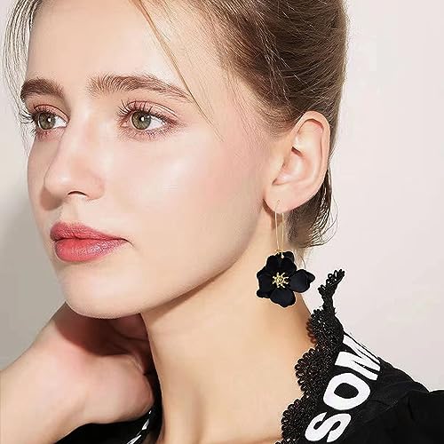 Bohemian Daisy Flower Matte Floral Long Petal Drop Dangle Earrings Layered Tiered for Women Chic Boho Wedding Jewelry - color: Black