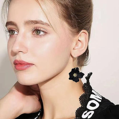 Bohemian Daisy Flower Matte Floral Long Petal Drop Dangle Earrings Layered Tiered for Women Chic Boho Wedding Jewelry - color: Black
