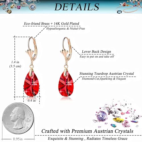 Austrian Crystal Teardrop Leverback Dangle Earrings for Women Fashion 14K Gold Plated Hypoallergenic Jewelry - color: Red