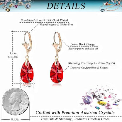 Austrian Crystal Teardrop Leverback Dangle Earrings for Women Fashion 14K Gold Plated Hypoallergenic Jewelry - color: Red