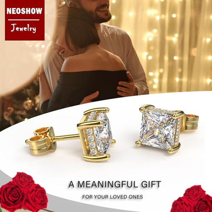 Princess Cut Cubic Zirconia Stud Earrings for Men Women | Square CZ Simulated Diamond Studs, 18K White Gold Plated Sterling Silver, Hypoallergenic - color: Gold, size: 7MM