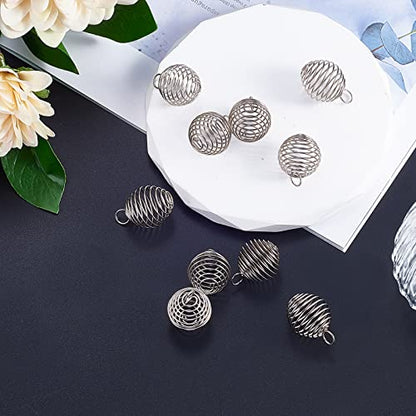 LiQunSweet 10 Pcs Stainless Steel Round Wire Pendants Spiral Wrap Around Bead Cage Stone Holder Charm for Jewelry Making DIY Findings - color: Stainless Steel Cage_20mm