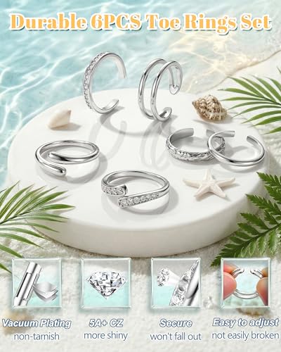 Besteel 6 PCS Toe Rings for Women - 14K Gold Filled Non Tarnish Waterproof | Adjustable Silver Toe Ring Simple Open Band Hug CZ Chunky Flower Toe Rings Set Trendy Summer Beach Foot Jewelry for Women - style: Silver: hug&cz toe ring