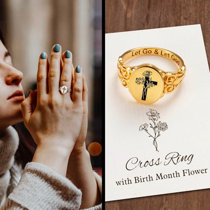 callie Custom Signet Ring - Engraved Text & Photo, Personalized Family Crest Coat Of Arms Rings, 925 Sterling Silver/Brass | Father's Day Jewelry Gifts for Men & Women - color: Cross-2