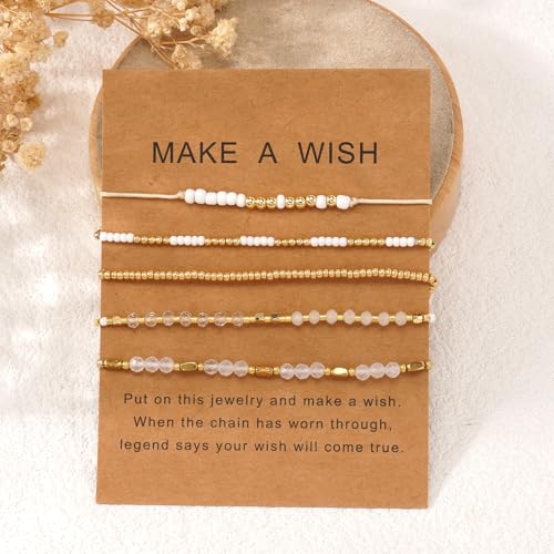 5Pcs Stack Gold Plated Ball Beaded Bracelets Set for Women, Boho Handmade Colorful Glass Pearl Stretch Accessories Jewelry, Summer Beach Daily Wear Holiday Friendship Gift - color: White Gold