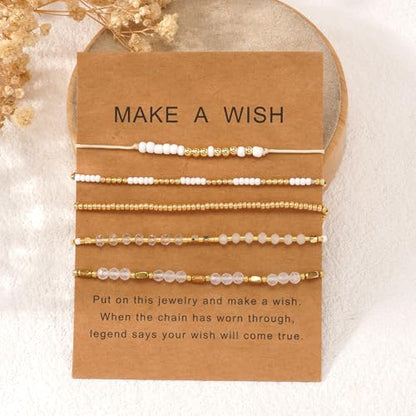 5Pcs Stack Gold Plated Ball Beaded Bracelets Set for Women, Boho Handmade Colorful Glass Pearl Stretch Accessories Jewelry, Summer Beach Daily Wear Holiday Friendship Gift - color: White Gold