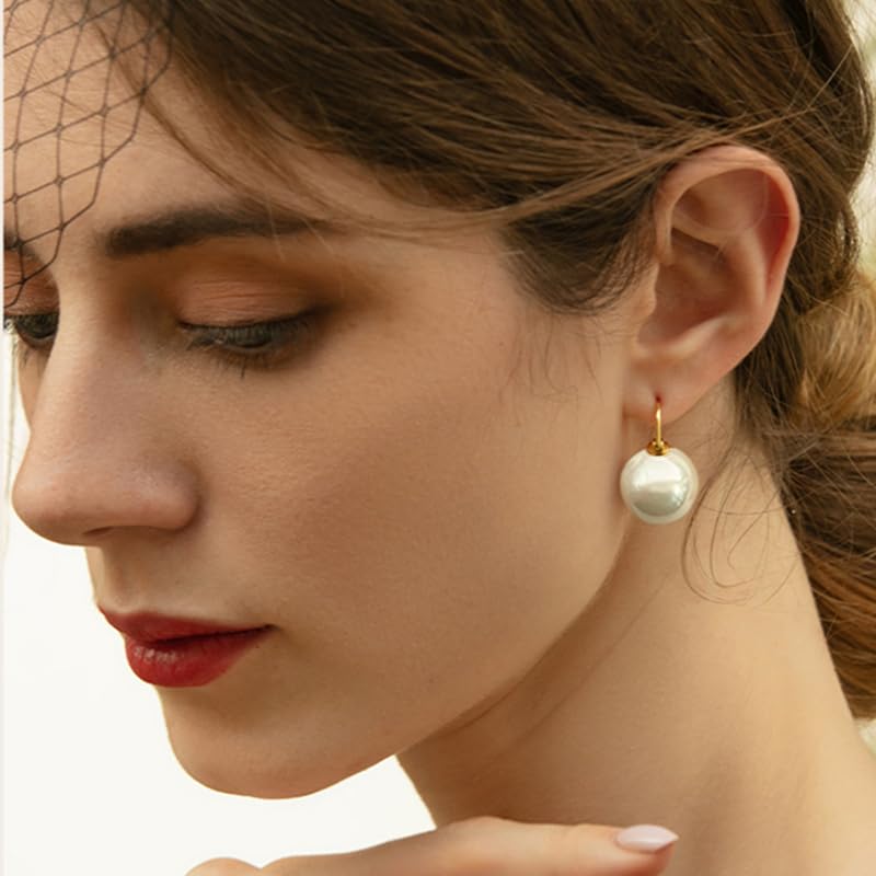 HUGE TOMATO 925 Sterling Silver Simulated Shell Pearl Earrings for Women Trendy, Big Pearl Drop Earrings Leverback Stud,18K Gold Plated Large Pearl Hoop Dangle Hypoallergenic Jewelry 14mm - color: White