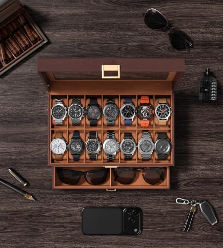 Watch Case Box for Men – 14 Slots Watch Display Organizer with 6-Compartment Eyeglasses Storage, Real Glass Lid 2-Layer PU Leather Collection Holder Gift for Loved Ones Brown - size: 14 Slots, Brown