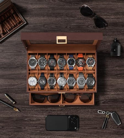 Watch Case Box for Men – 14 Slots Watch Display Organizer with 6-Compartment Eyeglasses Storage, Real Glass Lid 2-Layer PU Leather Collection Holder Gift for Loved Ones Brown - size: 14 Slots, Brown
