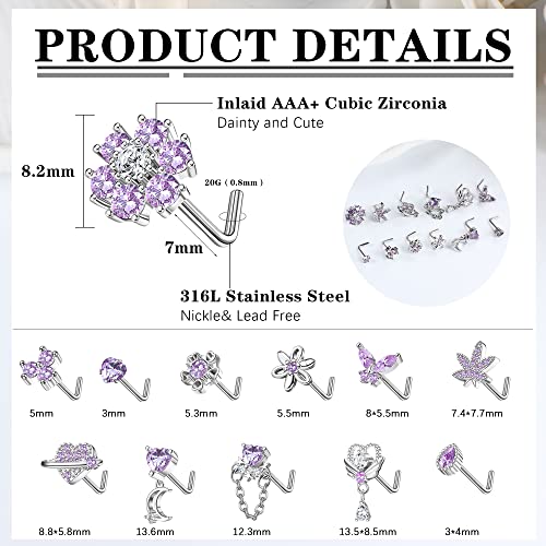 Sanfenly 12 PCS 20G Nose Rings Surgical Stainless Steel, L Shaped Nose Studs for Women Men, CZ Heart Butterfly Flower Leaf Moon Dangle Cute Nose Piercings Studs Screw Jewelry Pink/Purple/Blue/Clear - color: Purple