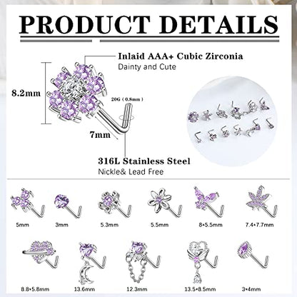 Sanfenly 12 PCS 20G Nose Rings Surgical Stainless Steel, L Shaped Nose Studs for Women Men, CZ Heart Butterfly Flower Leaf Moon Dangle Cute Nose Piercings Studs Screw Jewelry Pink/Purple/Blue/Clear - color: Purple