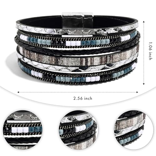 VIBILIA Boho Leather Wrap Bracelets for Women Multi-Layer Bracelets | With Strong Clasp Jewelry for Women - color: 03-BohoBraid-Black