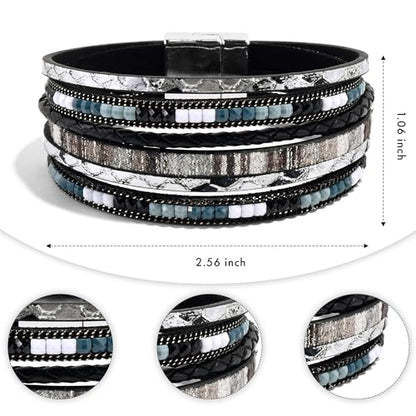 VIBILIA Boho Leather Wrap Bracelets for Women Multi-Layer Bracelets | With Strong Clasp Jewelry for Women - color: 03-BohoBraid-Black
