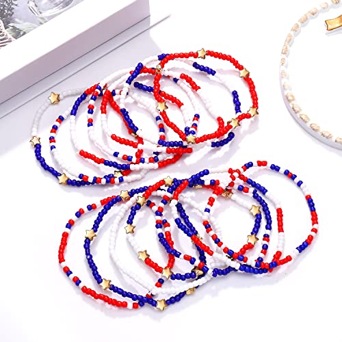 HEIDKRUEGER Bead Stretch Bracelets Independence Colorful Tiny Beaded Stackable Vsco Bracelets Boho Summer Vacation Adjustable Bangle Bracelet for Women Girls 14Pcs - color: American Red Blue