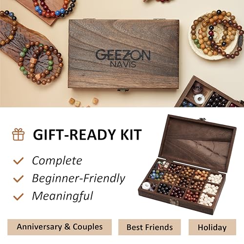 Geezon Navis DIY Bracelet Making Kit Natural Wooden Stone Beads Gift Craft | 10mm 296pcs 16 Colors - Natural & Unique, ALL-IN-ONE , One-of-a-kind, Starter, Gift, Immersive Handcraft, Calming, Meditate