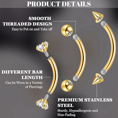 NICEIGHT 12Pcs 16G 18G Surgical Steel Eyebrow Piercing Jewelry for Women Men Small Curved Barbell Rings Vertical Labret Lip Jewelry Ear Rook Helix Daith Ring 6-12MM with 12Pcs Replacement Balls - color: Gold, size: 16G