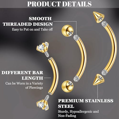 NICEIGHT 12Pcs 16G 18G Surgical Steel Eyebrow Piercing Jewelry for Women Men Small Curved Barbell Rings Vertical Labret Lip Jewelry Ear Rook Helix Daith Ring 6-12MM with 12Pcs Replacement Balls - color: Gold, size: 16G