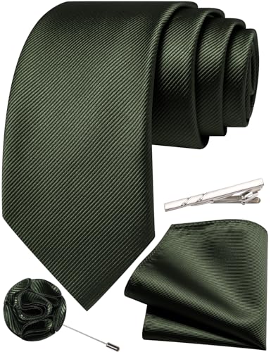 Solid Color Tie and Pocket Square with Tie Clip Lapel Pin Silk Formal Necktie Set Wedding Formal - color: Olive Green