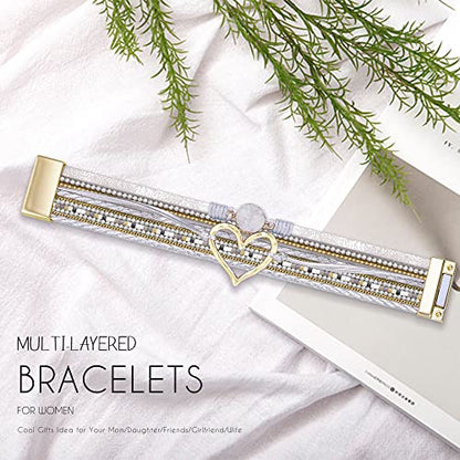 Bracelets for Women, Gifts for Mom Her Christmas Gift 2026 Leather Bracelets for Women Birthday Gift for Daughter Inspirational Wrap Bracelet Sister Friend Teen Girl Gift Layered Stocking Stuffers Jewelry - style: Silver - Heart