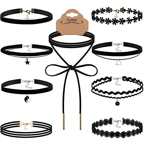 Outee 9 Pcs Choker Set Black Chokers Necklaces for Women Black Velvet Choker Necklaces Ribbon Chokers for Women