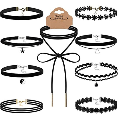 Outee 9 Pcs Choker Set Black Chokers Necklaces for Women Black Velvet Choker Necklaces Ribbon Chokers for Women