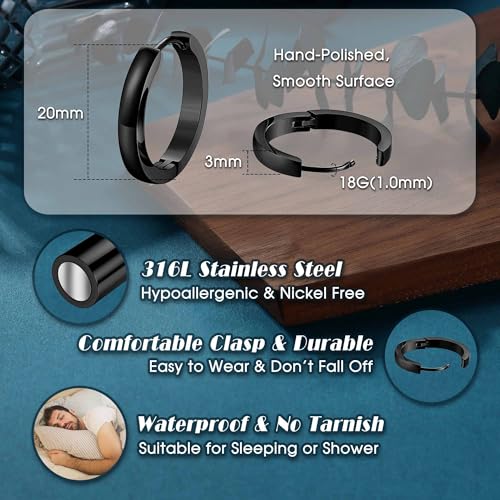 Jstyle 3Pairs Hypoallergenic 316L Stainless Steel Hoop Earrings 12/16/20MM | Silver Gold Black Hoop Earrings Set for Men Women Non Tarnishing Comfort Fit Sleeper Earrings Lightweight Trendy Jewelry Gift - size: 20mm