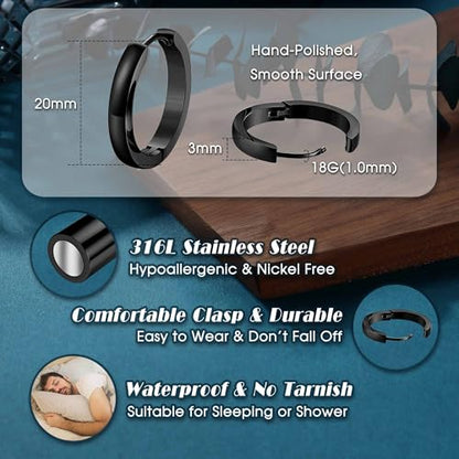 Jstyle 3Pairs Hypoallergenic 316L Stainless Steel Hoop Earrings 12/16/20MM | Silver Gold Black Hoop Earrings Set for Men Women Non Tarnishing Comfort Fit Sleeper Earrings Lightweight Trendy Jewelry Gift - size: 20mm