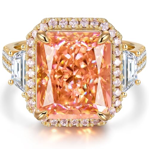 Moissa 8ct Sunset Glow Radiant Cut Halo Cocktail Ring for Women | 14K Gold Plated Tarnish-Resistant Silver Ring, 12x10mm Lab Zircon, Bold Statement Ring for Party, Engagement & Anniversary - color: Padparadscha