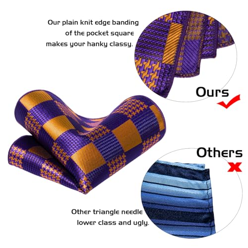 5PCS Mens Silk Tie, Pocket Square, Cufflinks, Drilled Tie Ring and Lapel Pin Set for Wedding Groom Party - color: Purple Gold Tie Set -281+7