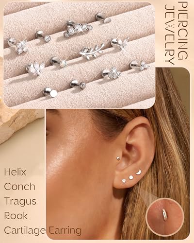Fansilver 14K Gold Plated Threadless Flat Back Earrings for Women Men 316L Surgical Steel Push in Nose Piercings Lip Rings CZ Nostril Helix Conch Medusa Tragus Piercing Jewelry 16/18/20G - color: Silver Plated, size: 16G:6mm