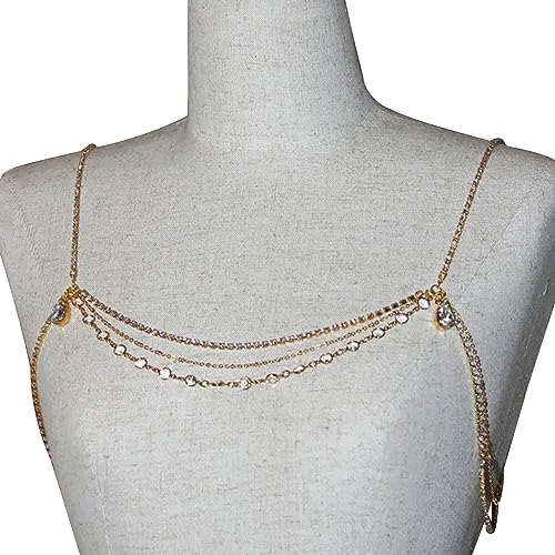 Rhinestone Tassel Shoulder Chain Necklace,Multi-Layered Rhinestone Shoulder Arm Chain Sexy Rave Crystal Fringe Back Chain Bridal Wedding Shoulder Body Jewelry for Women - color: Shoulder jewelry& gold