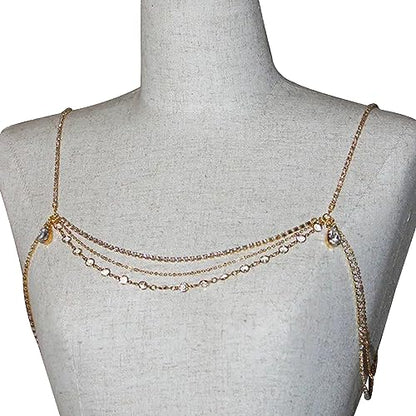 Rhinestone Tassel Shoulder Chain Necklace,Multi-Layered Rhinestone Shoulder Arm Chain Sexy Rave Crystal Fringe Back Chain Bridal Wedding Shoulder Body Jewelry for Women - color: Shoulder jewelry& gold