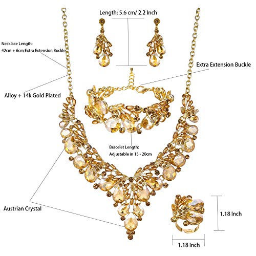 Jewelry Set for Women, Statement Necklace Dangle Earrings Bracelet Ring, White/KC Gold Plated Jewelry Set with Rhinestone Pearl Crystal Wedding Party Jewelry for Bridal Bridesmaid - color: Champagne-Gold Plated