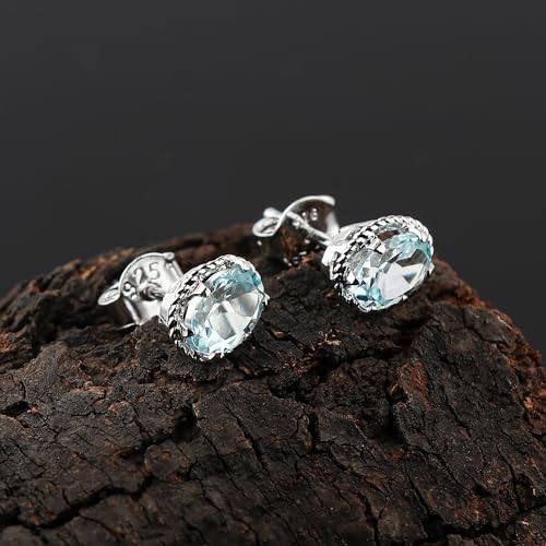 Real Blue Topaz Crystal Studs Earring Pair with Push Backs, Natural Gemstone, Birthstone, Brilliant Cut Oval Crystal, Healing Stone, Gift for Women, 925 Sterling Silver