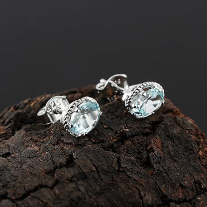 Real Blue Topaz Crystal Studs Earring Pair with Push Backs, Natural Gemstone, Birthstone, Brilliant Cut Oval Crystal, Healing Stone, Gift for Women, 925 Sterling Silver