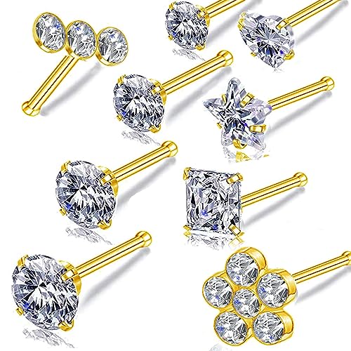 14k Gold Plated 316L Surgical Steel 22g/20g/18g Nose Rings Studs L-Shape Bone Screw Nostril Piercing 1.5mm 2mm 2.5mm 3mm 3.5mm 4.5mm CZ Nose Studs for Women - color: 20g 9pcs Bone Gold 316L Surgical Steel