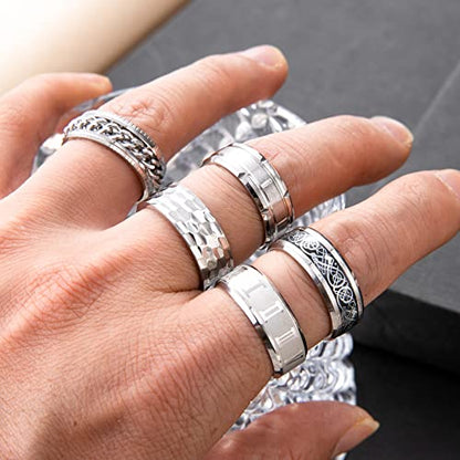 9Pcs Stainless Steel Band Rings for Men Women Fidget Anxiety Relief Rings Spinner Ring Wedding Promise Rings Set - color: Silver