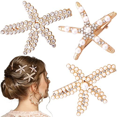 PAGOW 3 PCS Starfish Hair Clips, Gold Rhinestone Pearls Crystal Hair Clips | Sea Star Ponytail Holder, Faux Pearl Crystal Wedding Headpiece Hair Accessories For Women, Girls, Bride(1.73 x 2.48 Inch) - color: 3pcs-gold,style1