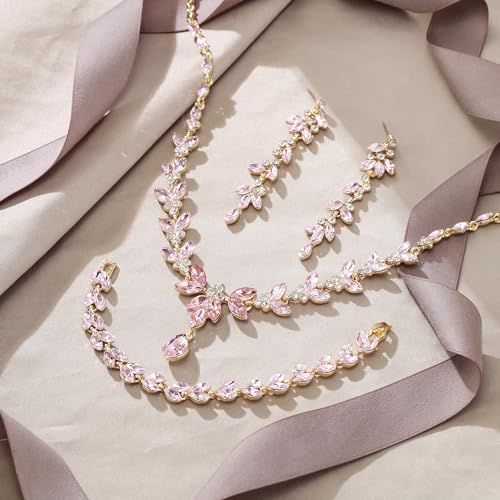EVER FAITH Marquise Crystal Leaf Bridal Prom Jewelry Set for Women Bride | Rhinestone Wedding Party Necklace Dangle Earrings Tennis Bracelet, for Bridesmaid - color: Pink