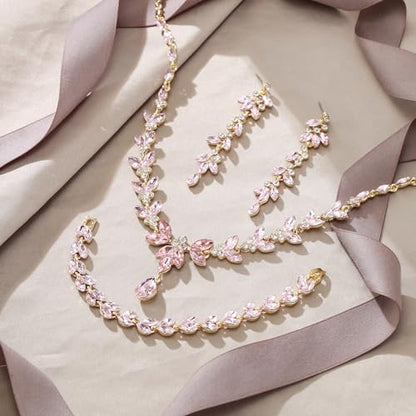 EVER FAITH Marquise Crystal Leaf Bridal Prom Jewelry Set for Women Bride | Rhinestone Wedding Party Necklace Dangle Earrings Tennis Bracelet, for Bridesmaid - color: Pink