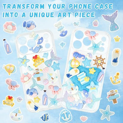 RidaaFri Junk Case Charms Kit, Blue Ocean Beach Themed 3D Flatback Charm | Large Charms with Pearls Sequins Cute Starfish Turtles Mermaids Charms for DIY Craft Accessories Personalization - color: Blue