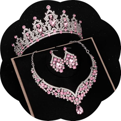 Crowns and Tiaras jewelry sets for Wedding princess birthday party Halloween Prom Pageant Jewelry for Women Crystal Bridal Jewelry Set for women - color: Silver Pink