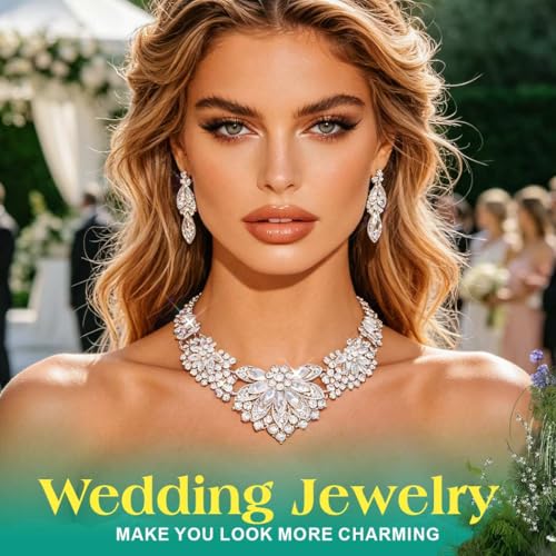 Yonamix Gold Jewelry Set Wedding Rhinestone Necklace Sets for Women | Formal Prom Dinner Party Gala Night Crystal Flower Necklaces Earrings - color: B Silver