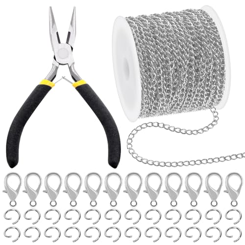 Mardatt 102Pcs Jewelry Making Chains Kit, 10 Yards Necklace Chains Jewelry Chains with 50Pcs Open Jump Rings, 50Pcs Lobster Clasps, Chain Nose Pliers for DIY Necklace Bracelet Jewelry Making (White K) - color: White K