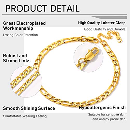 PROSTEEL Ankle Bracelets for Women, Silver/Gold/Black, Waterproof Anklets | Waterproof, Stainless Steel, Summer Beach Jewelry, Durable & No Tarnish, Come with Gift Box, 8-10.5" Adjustable, Plus Size - color: D: gold-figaro chain-6mm