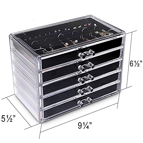 Extra Large Acrylic Jewelry Box for Women 5 Layers Clear Jewelry Organizer Velvet Earring Box with 5 Drawers Rings Display Case Necklaces Holder Tray for Women Girls (Black) | Jewelry Storage for Rings Earrings Bracelets,Dustproof,Velvet Lining,Transparen