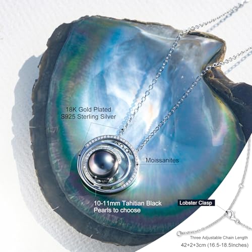 Genuine Tahitian Black Pearl Necklace for Women, 9-11mm AAAA Seawater Pearl with Sterling Silver Moissanite Pendant, Jewelry Gift for Wife, Mom, Girlfriend, Wedding Anniversary, Birthday, Christmas - size: 9-10mm, style: Circle