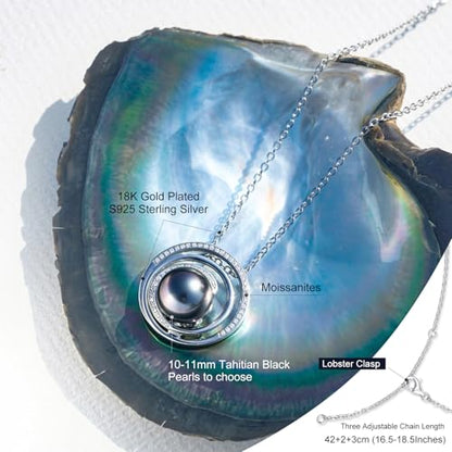 Genuine Tahitian Black Pearl Necklace for Women, 9-11mm AAAA Seawater Pearl with Sterling Silver Moissanite Pendant, Jewelry Gift for Wife, Mom, Girlfriend, Wedding Anniversary, Birthday, Christmas - size: 9-10mm, style: Circle