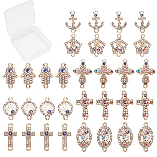 SUNNYCLUE 1 Box 32Pcs 8 Styles Evil Eye Connectors Golden Plated Rhinestone Cross Oval Hamsa Hand Flat Round Tree of Life Links Charms Lucky Chakra Pendants for Jewelry Making Charms Bracelets Crafts - color: 32pcs Rhinestone Cross Charms and Evil Eye Cha