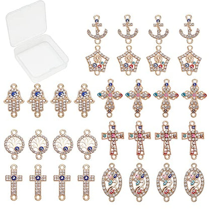 SUNNYCLUE 1 Box 32Pcs 8 Styles Evil Eye Connectors Golden Plated Rhinestone Cross Oval Hamsa Hand Flat Round Tree of Life Links Charms Lucky Chakra Pendants for Jewelry Making Charms Bracelets Crafts - color: 32pcs Rhinestone Cross Charms and Evil Eye Cha